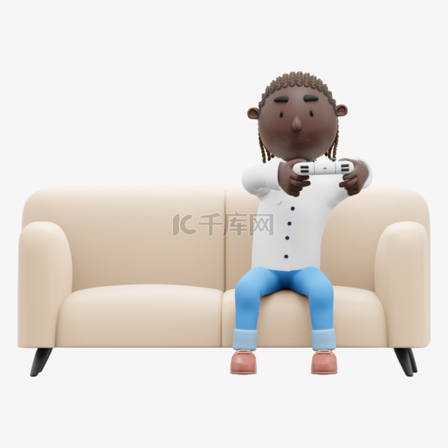 帅气男人打游戏3D黑人在沙发上