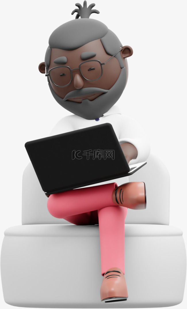 3D黑人男性帅气二郎腿用电脑坐姿