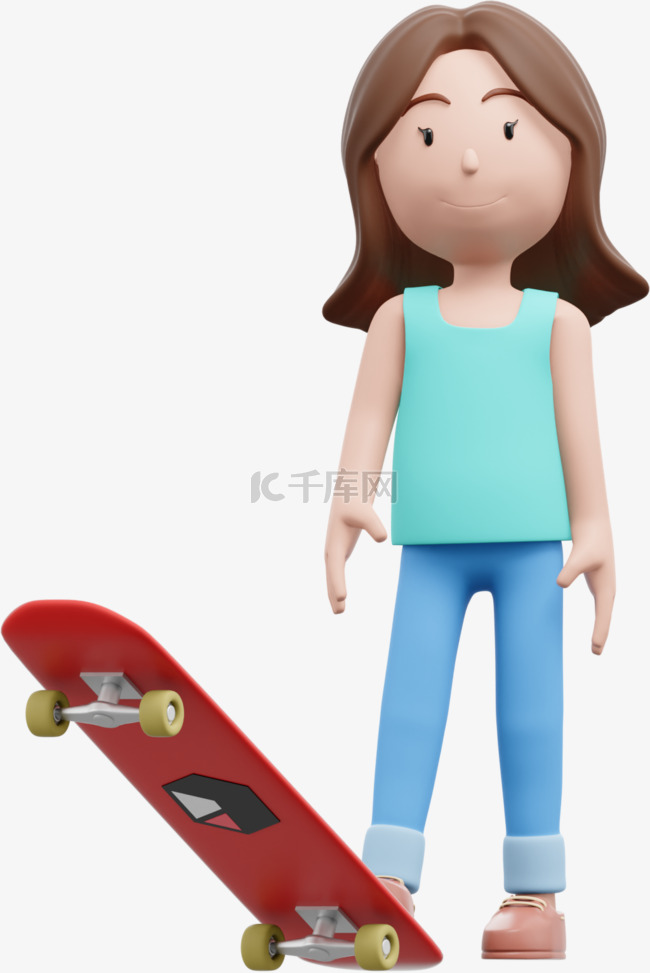 3D白人女性滑滑板形象滑板女子