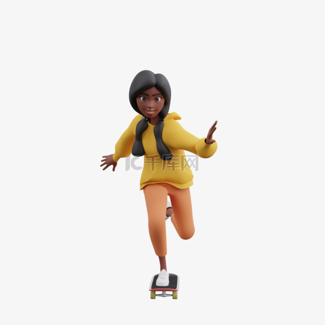 3D黑人女性滑滑板形象展现女人