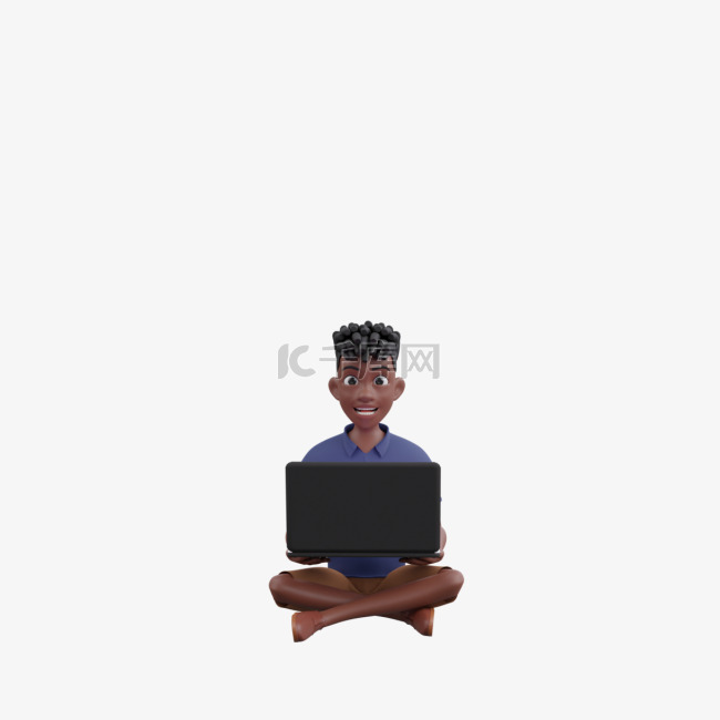 帅气坐姿黑人男性3D笔记本姿势