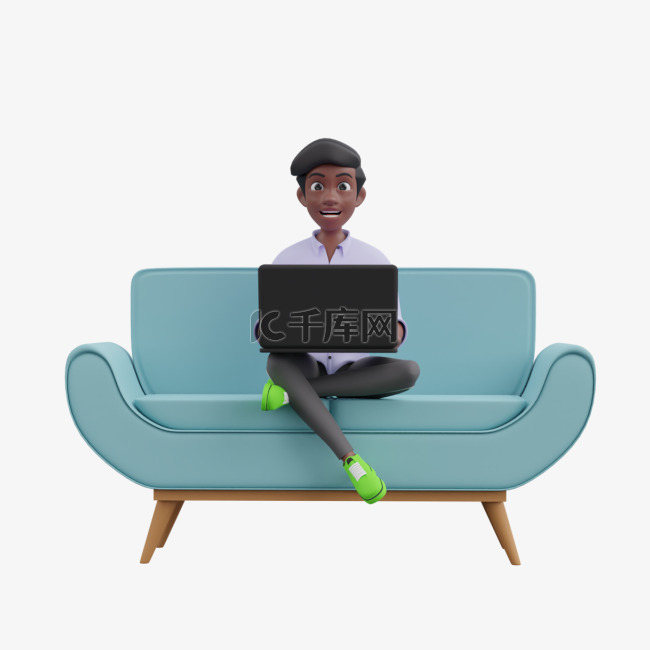 黑人男性沙发坐姿笔记本电脑形象