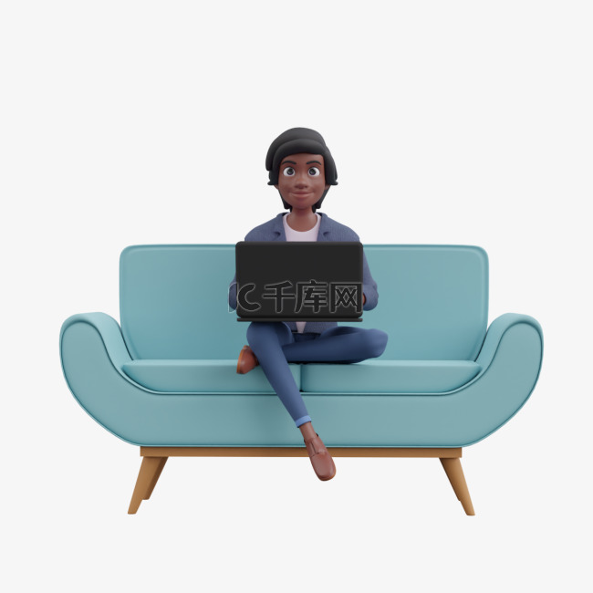 帅气男子电脑坐姿3D黑人形象