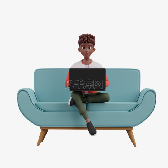 沙发上帅气男人使用电脑坐姿形象