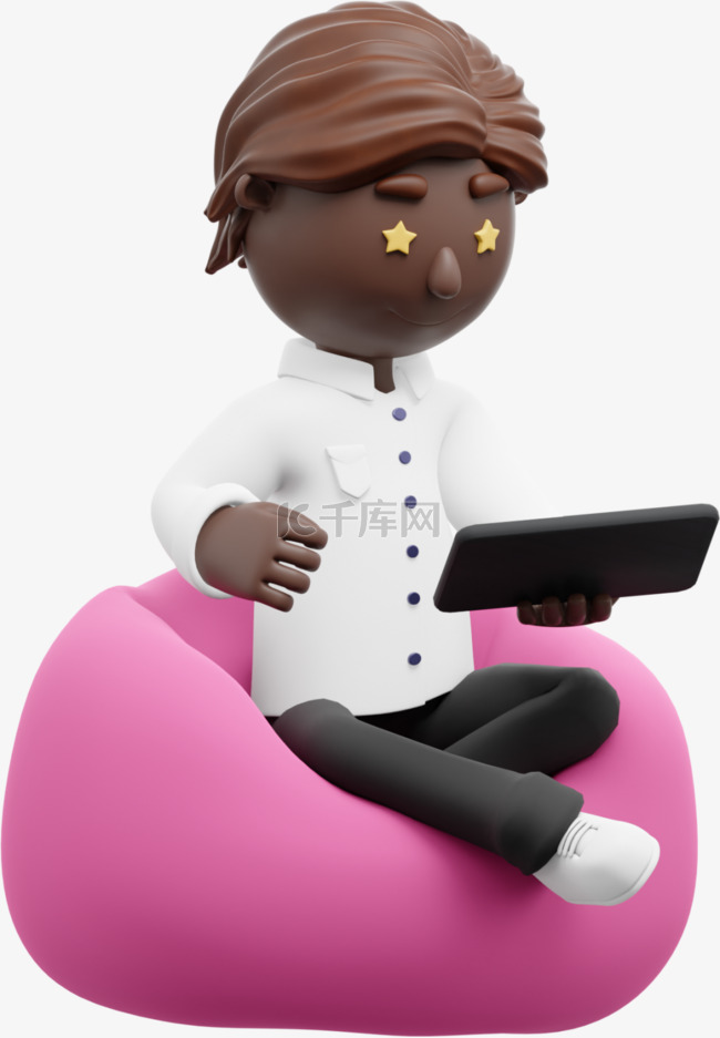 3D黑人男性玩平板手机形象帅气