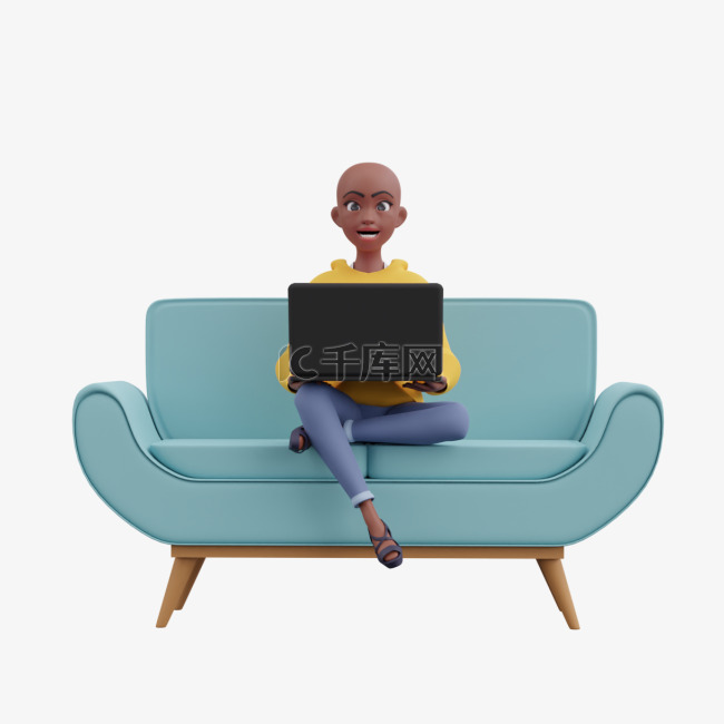 3D黑人女性使用笔记本坐姿形象