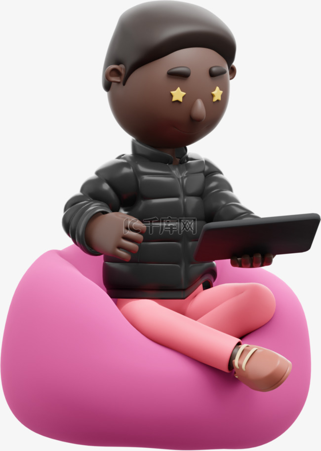黑人男性3D平板手机形象帅气懒