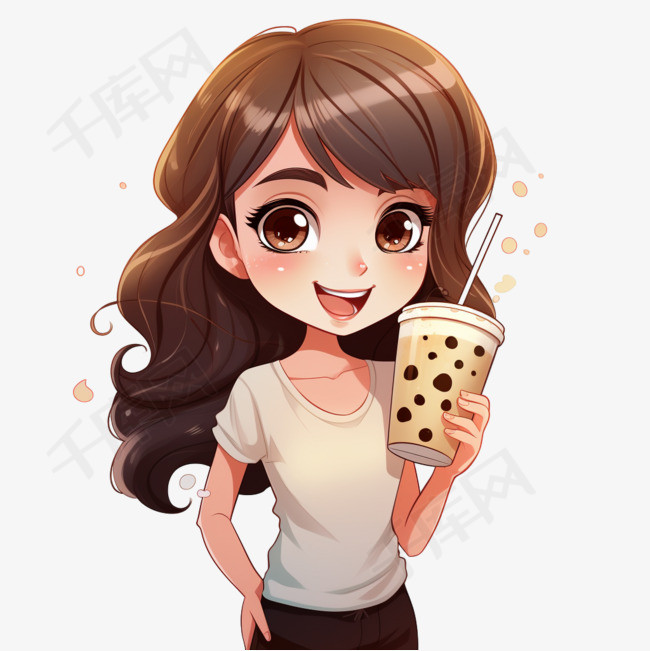 喝泡泡奶茶的快乐女孩卡通艺术插图素材图片免费下载-千库网