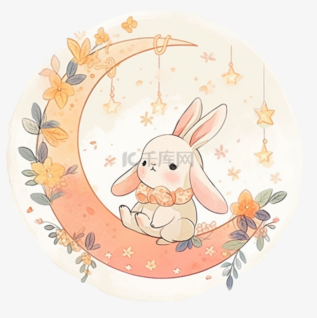 中秋节可爱兔子跳跃卡通望着月亮