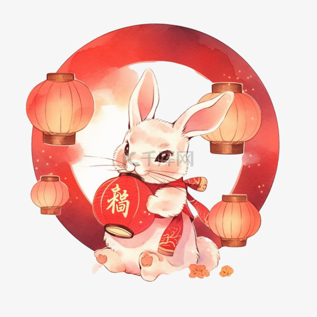中秋节圆月亮兔子灯笼卡通元素