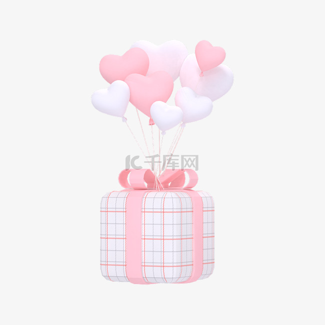 七夕粉白色心形气球粉色丝带格纹