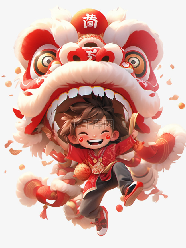 新年舞狮的3D人物卡通素材图片免费下载-千库网
