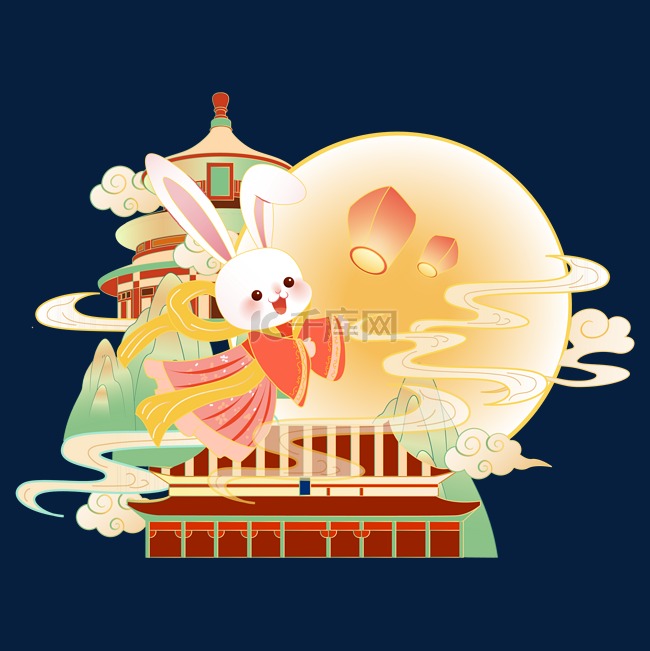 国潮风中秋节国庆兔子装饰
