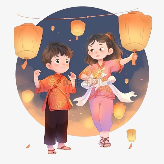 中元节卡通可爱的孩子放孔明灯元