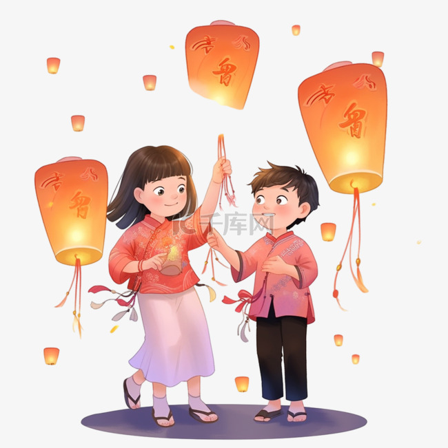 中元节可爱的孩子放孔明灯手绘卡