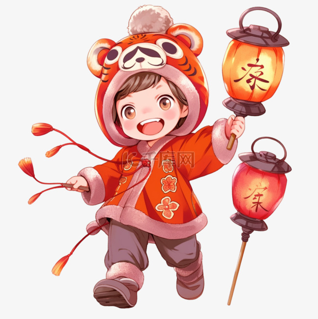 卡通新年孩子灯笼手绘元素