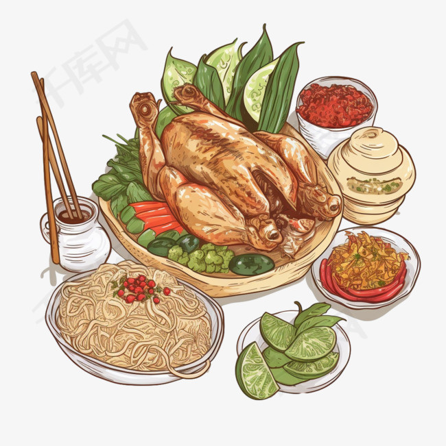 炖肉、烤鸡和糯米饭泰式食物辣木