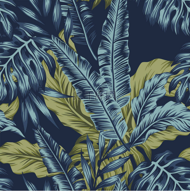 热带棕榈绿叶无缝图案深蓝色背景