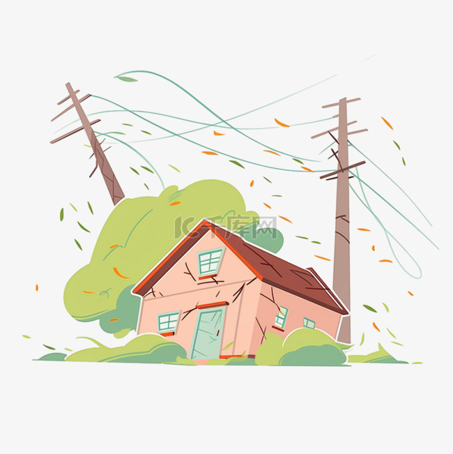 台风元素暴风卷倒房屋手绘