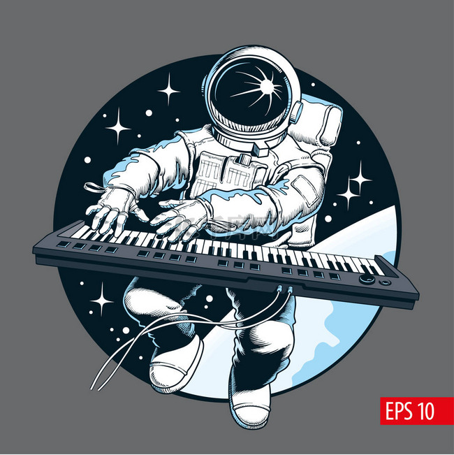 宇航员在太空中弹钢琴合成器。太