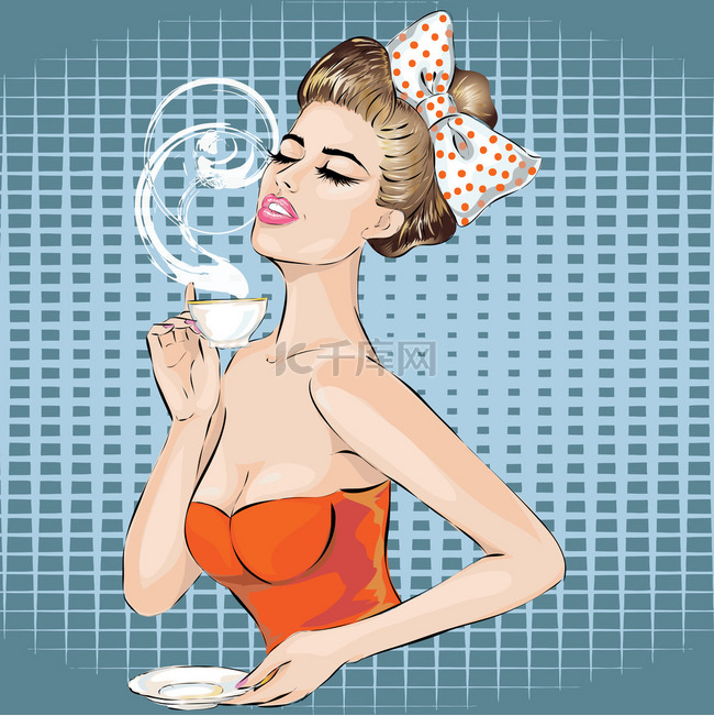 波普艺术女人肖像与早晨喝杯茶。
