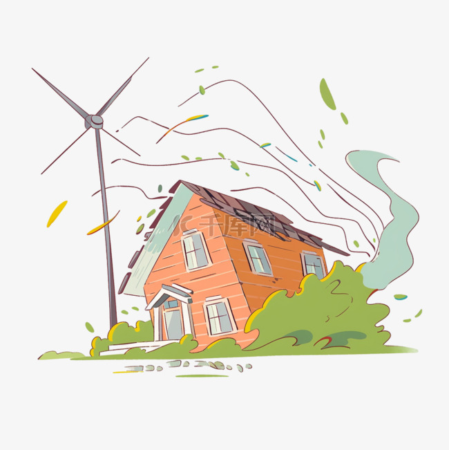 免抠元素台风暴风卷倒房屋手绘