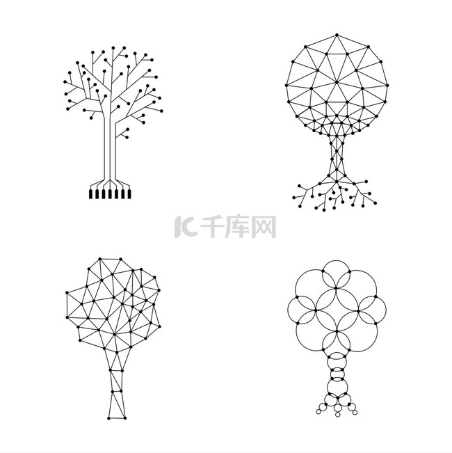 Vector set of trees made of connected dots