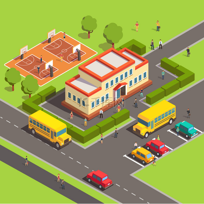 Isometric school building with people