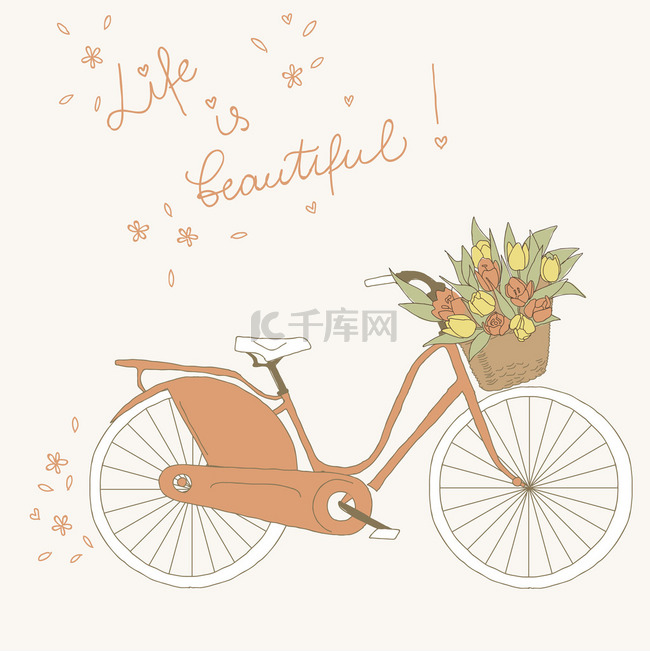 漂亮的粉色自行车与郁金香
