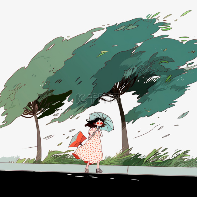 台风打伞的女孩手绘元素狂风中