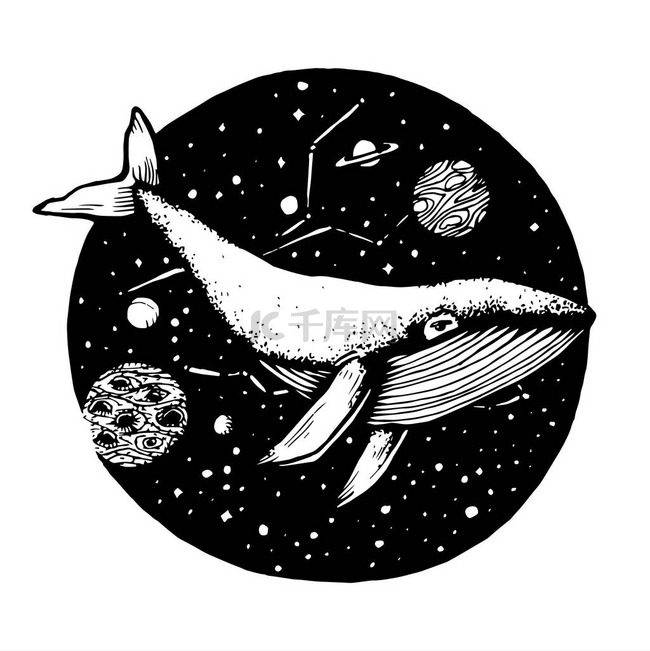 手绘涂鸦的鲸鱼在空间飞行。矢量