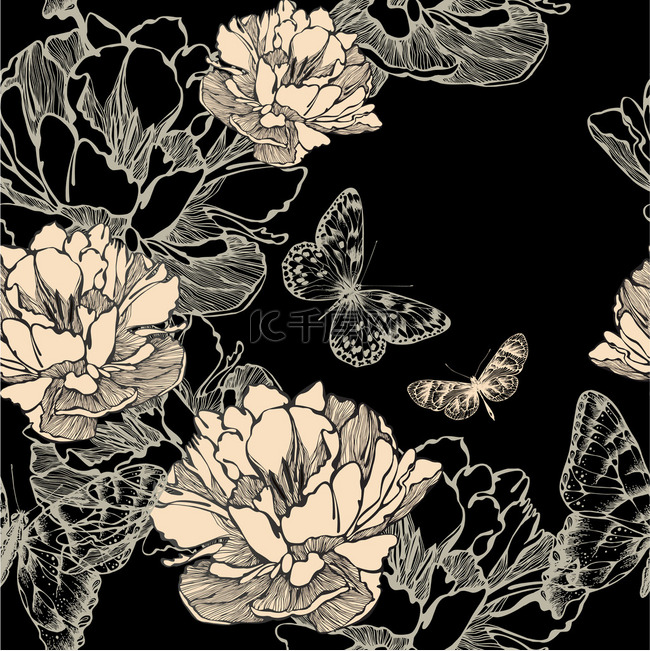 无缝模式与抽象花朵绽放和蝴蝶，