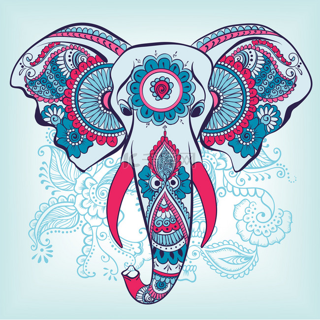 矢量大象的指甲花的印度装饰品
