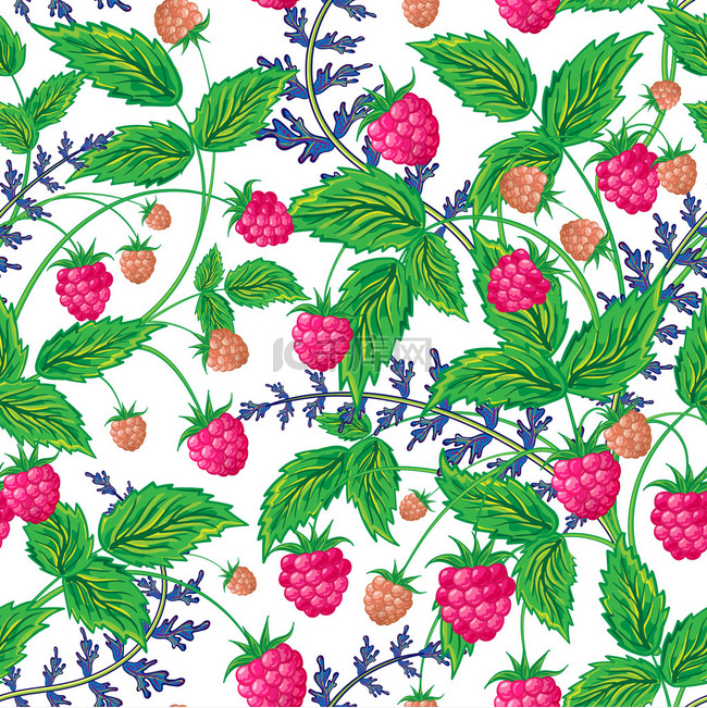 Raspberries seamless pattern with raspberry and leaves on white ...