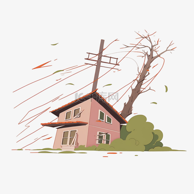 免抠台风元素暴风卷倒房屋手绘