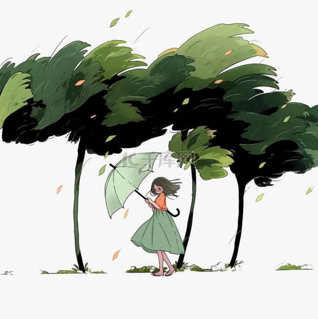 台风打伞的女孩狂风中手绘元素