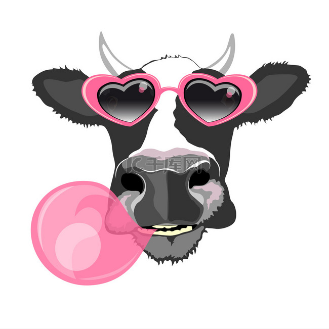 牛在与泡泡糖粉色眼镜