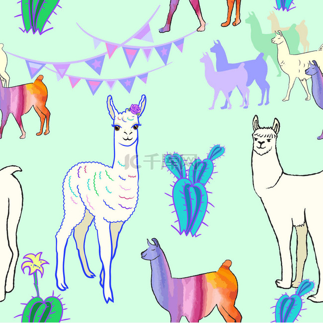  seamless pattern with llamas and cactus