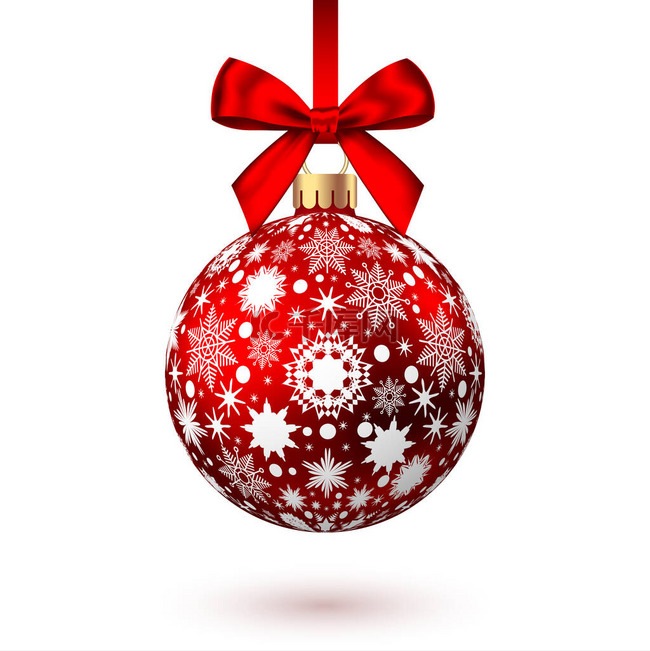红色圣诞球，图案和弓隔离在白色