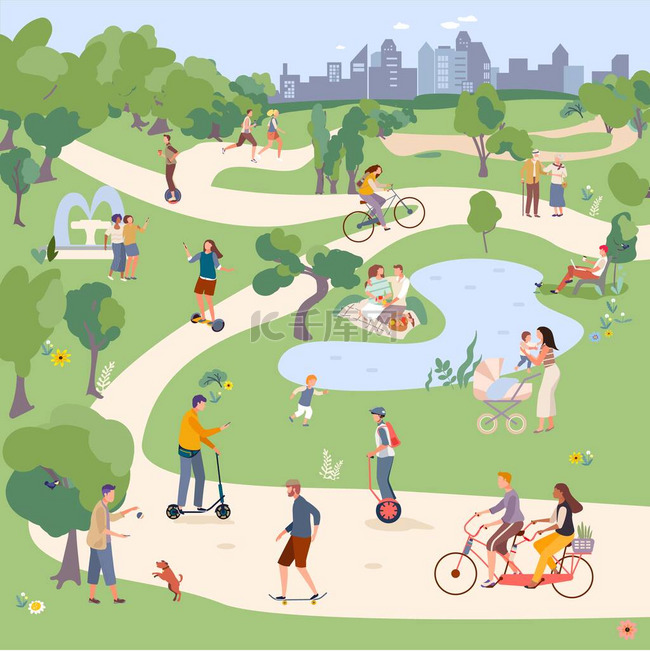 城市公园病媒图解，人们在城市公