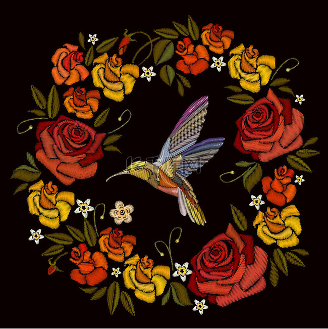 刺绣、 美丽的花朵玫瑰和蜂鸟
