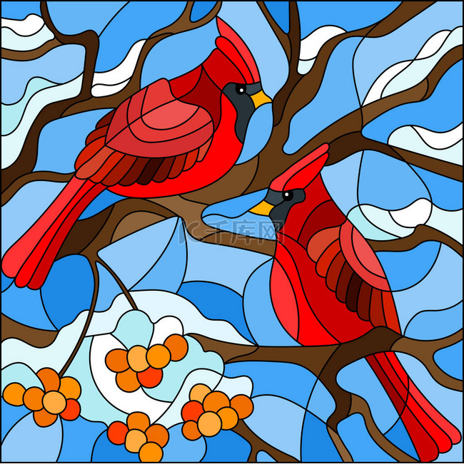 插图在彩色玻璃风格, 一对鸟红