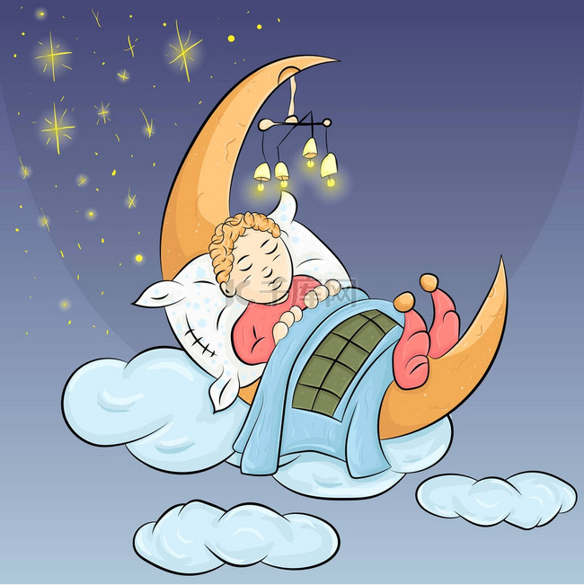 小婴孩在月亮之间睡觉在星
