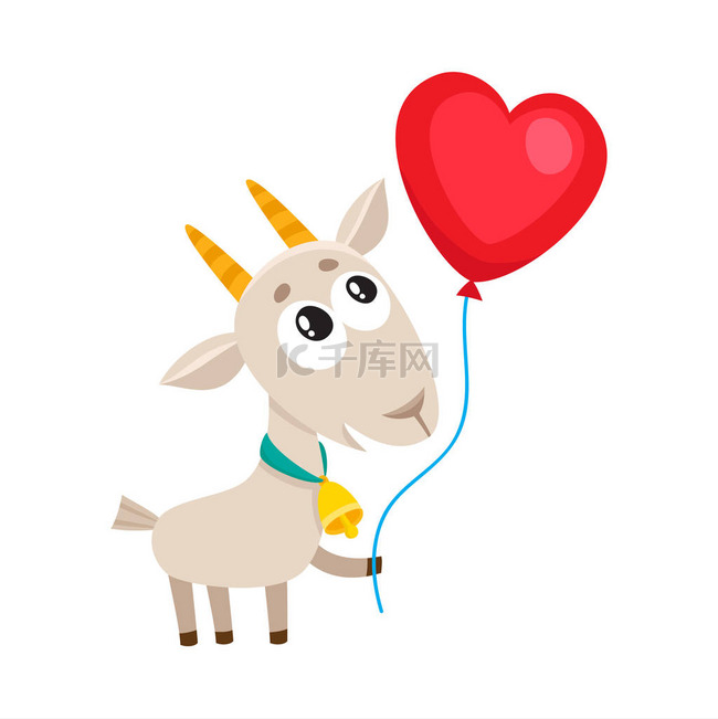可爱又搞笑的山羊抱着红心形气球