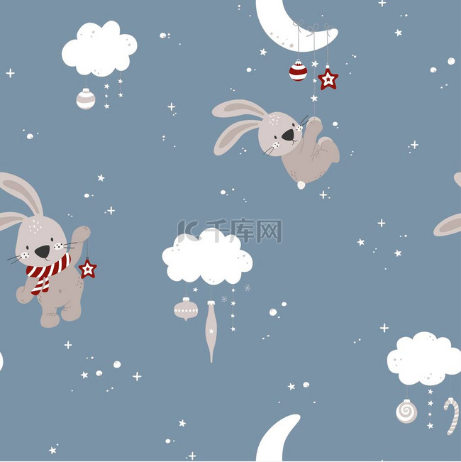 无缝隙的圣诞背景与可爱的兔子，