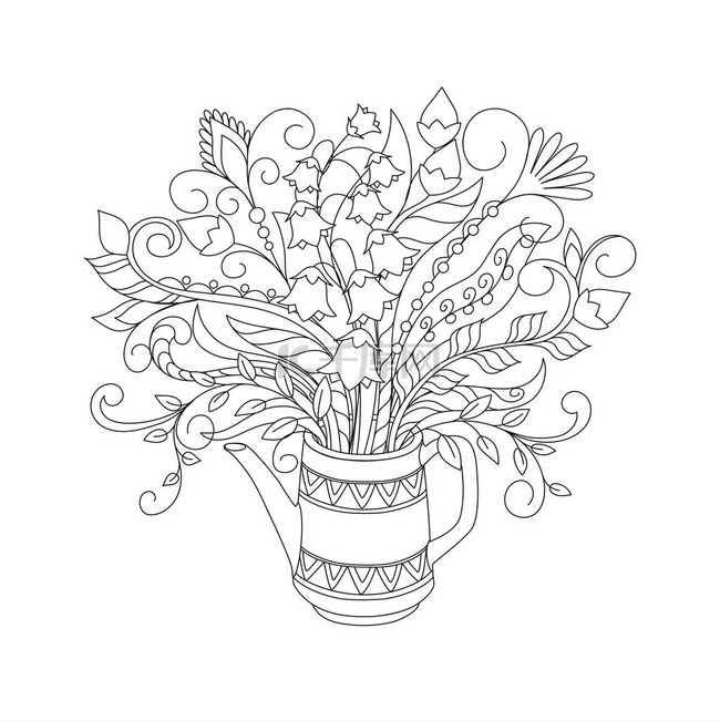 白色茶壶,装饰线条,手绘涂鸦花