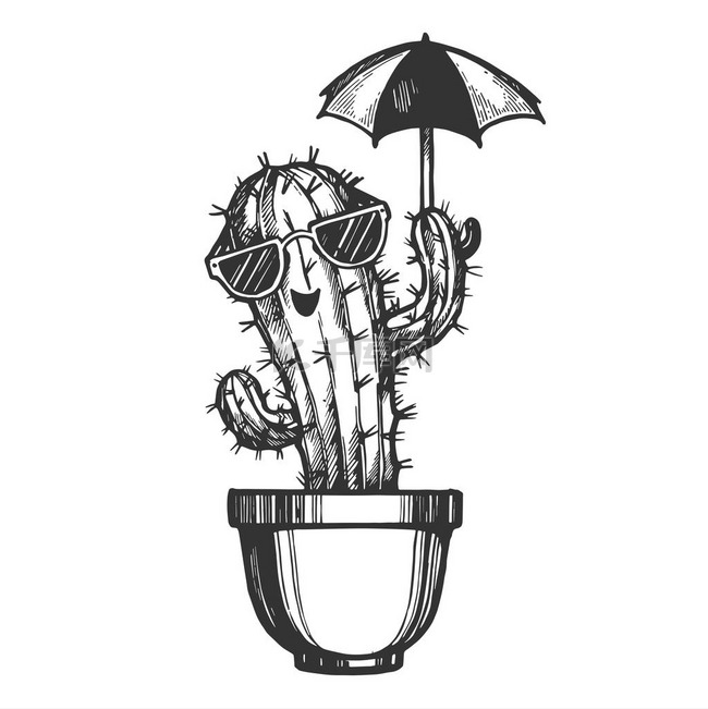 动画片仙人掌字符在太阳镜与伞雕