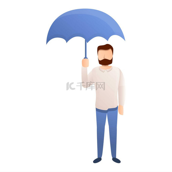 胡子男子蓝色伞图标，卡通风格