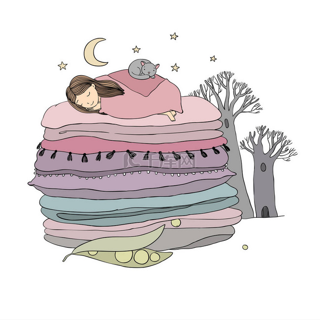 豌豆上的公主。毯子和枕头.