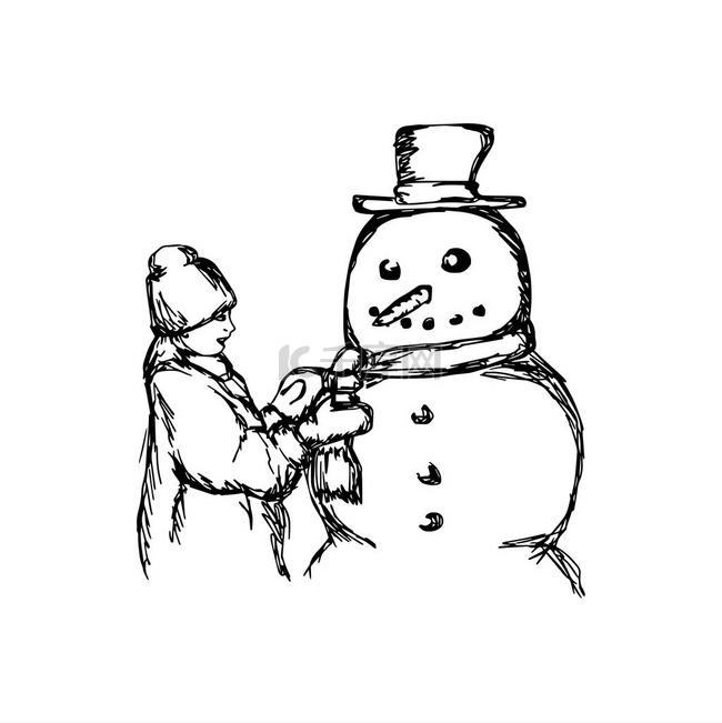 小女孩建立一个雪人矢量插图素描